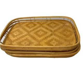 (4) Vintage Bamboo Woven Rattan Wicker Tiki Bar Boho Style Trays 13 X 18 Inch