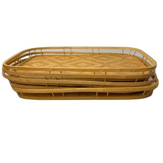 (4) Vintage Bamboo Woven Rattan Wicker Tiki Bar Boho Style Trays 13 x 18 inch 3