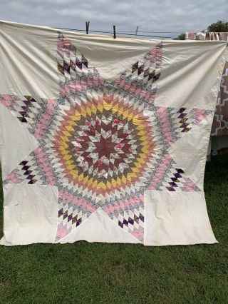 Vintage Hand & Machined Pieced Lone Star Pattern Quilt Top Set In Off White
