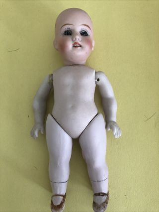 Antique 6“ German All - Bisque Doll - Glass Eyes Open Mouth.  Signed