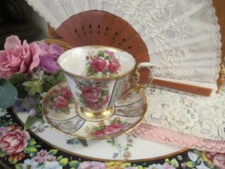Vintage Lm Royal Halsey Teacup And Saucer Blue Iridescent Pink Roses Gold Trim