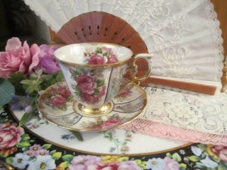 Vintage LM Royal Halsey Teacup and Saucer Blue Iridescent Pink Roses Gold Trim 2