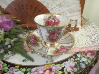 Vintage LM Royal Halsey Teacup and Saucer Blue Iridescent Pink Roses Gold Trim 3