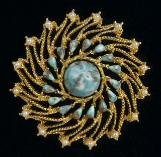 Vintage Sarah Coventry Gold W Turquoise Art Glass & Pearl Celestial Pin