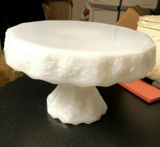 Vintage Milk Glass Cake Stand Grape And Leaf Pattern