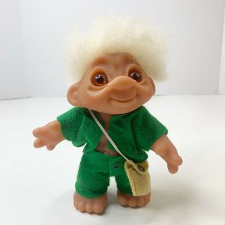 Vintage Dam Troll Doll 1984 White Hair Green Felt Clothes 6” Tall Denmark