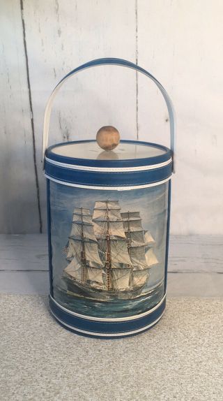 Vintage Nautical Ship Blue White Ice Bucket Georges Briard Usa Beach House Bar