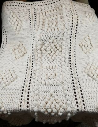 Vtg Hand Knit Crochet Afghan Blanket Lap Throw Beige Farmhouse Cottage 44 " X 56 "