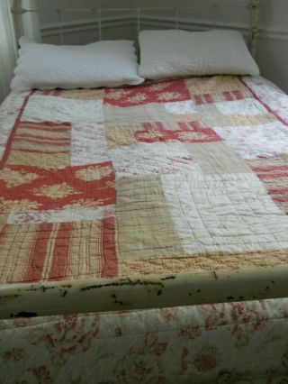 Vintage Shabby Chic Twin Quilt Coverlet Pieced Floral And Toile Patchwork