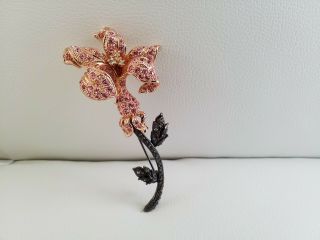Vintage Signed Nolan Miller Pink Rhinestone Single Flower Brooch