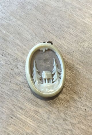 Vintage Art Deco Carved Celluloid Trees Winter Scene Cameo Scenery Pendant Charm