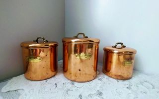 Vintage Copper Kitchen Canister Set (3) Flour Sugar Coffee W/brass Handles