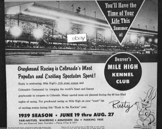 Mile High Kennel Club Of Denver,  Colorado 1959 Greyhound Racing 11th Season Ad