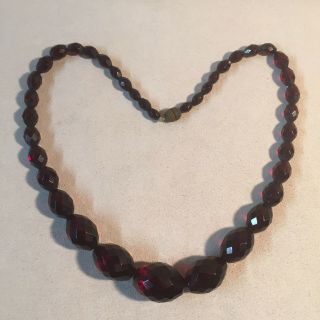 Vintage Graduated Faceted Cherry Amber Bakelite Bead Necklace,  17.  5”