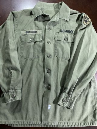 Vtg Us Army Men Sateen Og - 107 Button Shirt Utility Vietnam War 6th Army Patch