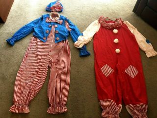 Vintage Clown Costumes Set Of 2 Matching Red White Stripes Blue Hat Vest Collar