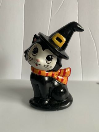 Vintage Lefton Halloween Black Cat Kitten W/ Witch Hat Figurine