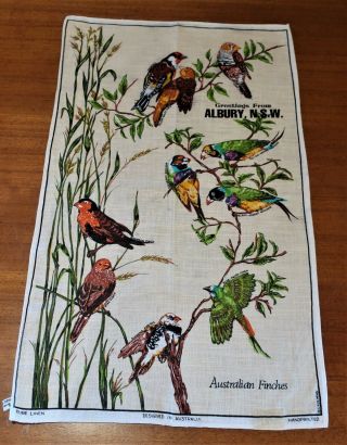 Vintage Retro Souvenir Linen Tea Towel - Albury Nsw - Australian Finches