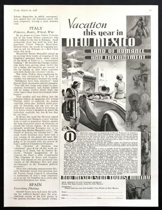 1936 Mexico State Tourism Bureau " Land Of Enchantment " Vintage Print Ad