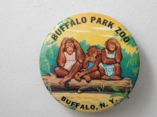 Buffalo Park Zoo 3 Monkeys York Vintage Button Pin Travel Souvenir