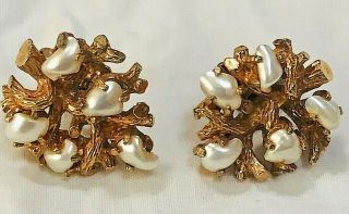 Vintage Marcel Boucher Gold Tone Earrings W.  Faux Baroque Pearls Screw Back 899