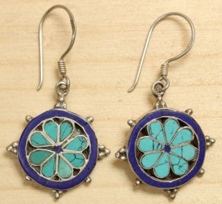 Vintage Handmade Sterling Silver Lapis And Turquoise Hook Dangle Earrings 812 - 11