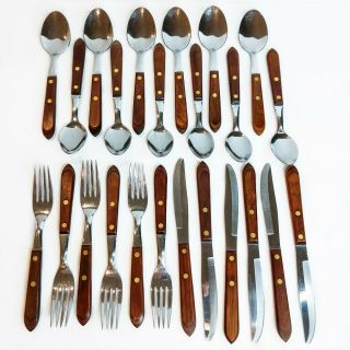 Vintage 24 Pc Washington Forge Town & Country Stainless Flatware Wood Handles