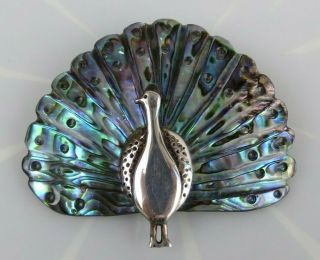 Vtg Sterling Silver Brooch Pin Bright Abalone Peacock Full Spread Carved