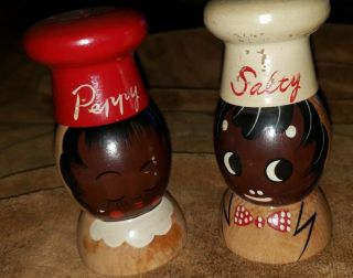 Vintage Black Americana Wood Salty And Peppy Shakers Japan