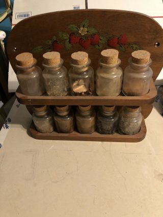 Vintage Wood Spice Rack With 10 Corked Glass Jars 14 " X 11.  5”