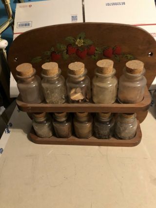 Vintage Wood Spice Rack with 10 Corked Glass Jars 14 