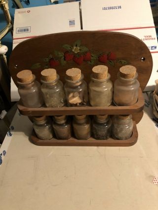 Vintage Wood Spice Rack with 10 Corked Glass Jars 14 