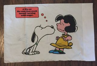 Vintage 1971 Peanuts Schulz Double Sided Pillow Case Snoopy Lucy Kiss Exc.  Cond.