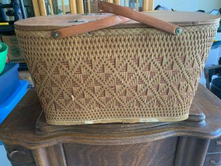Large Vintage Wicker Picnic Basket Woven Redmon Metal Handle Cream Usa