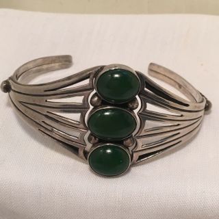 Designer Signed 1988 Vintage Cuff Bracelet W/ 3 Center Green Oval Stones