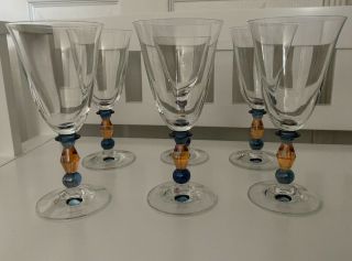 6 Vtg Art Deco Goblets Glasses Wine Iridescent Blue Orange Stem Luster Ball Set