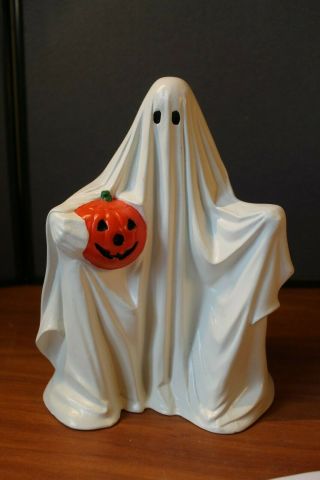 Vintage Halloween Byron Molds 1972 Ceramic Ghost With Jackolantern Tiny Chip