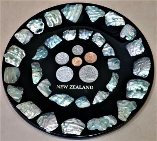 Vintage Souvenir Of Zealand Display Plate Paua Shell & Coins Like