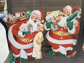 2 Vintage Christmas Cardboard Die Cut Decoration Santa Claus Approx 10 - 12”