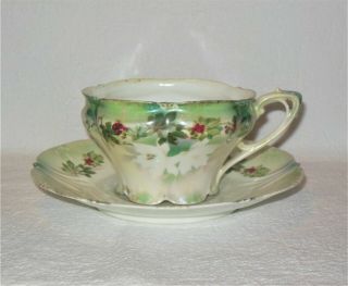 Vtg Rs Prussia Floral Berries Tea Cup & Saucer Red Mark Porcelain Gorgeous