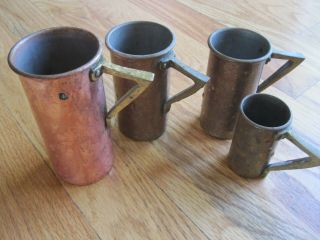Vintage Copper Measuring Cups Set Of 4 - Brass Handle