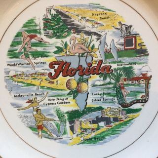 Vintage Florida State Souvenir Decorative Plate 9” Gold Border Pre - 1971 2