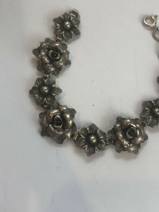 Vintage Sterling Silver Repousse Flowers 3d Flower Bracelet 7 Inch 925