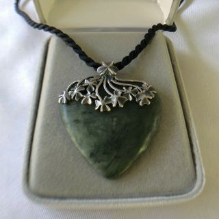 Vintage Sterling Irish Green Connemara Marble Heart Pendant Necklace 17 "