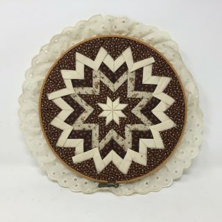 Vintage Hand Pieced Quilted Folded Star Fabric Embroidery Hoop Wall Decor 10 "