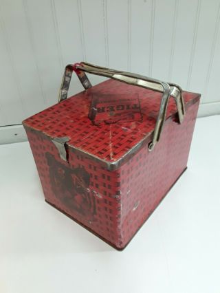Vintage Tiger Bright Sweet Chewing Tobacco Tin Red Black Basket Weave Lunch Box