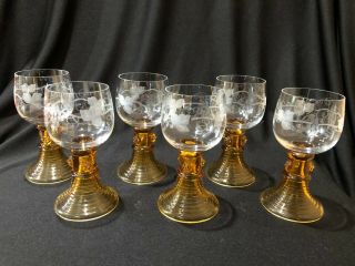 Set Of 6 Vintage Wine Glasses,  Amber Beehive Rib Stem,  Etched Clear Bowl,  Roemer