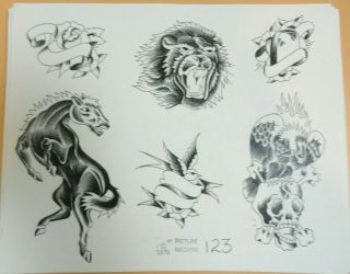 Vintage 1976 Picture Machine Spaulding Rogers Tattoo Flash Sheet 123 Lion Horse