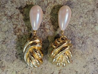 Vintage Givenchy Signd Costume Jewelry Gold Tone Pearl Tear Drop Clipon Earrings