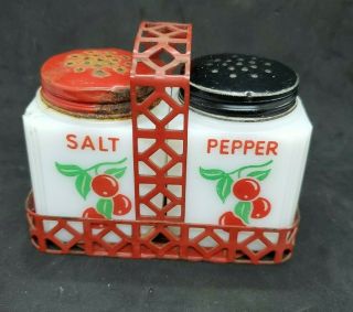 Vintage Tipp City Usa Milk Glass Salt & Pepper Red Cherries In Holder Caddy